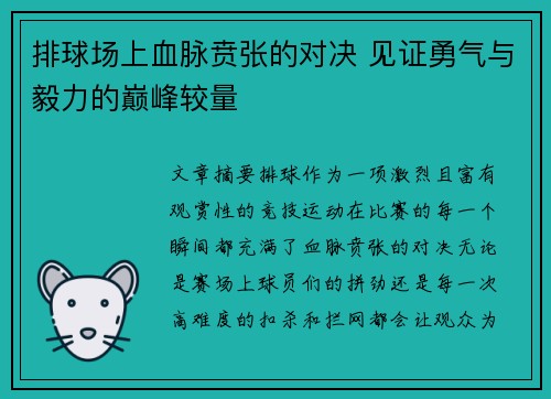 排球场上血脉贲张的对决 见证勇气与毅力的巅峰较量